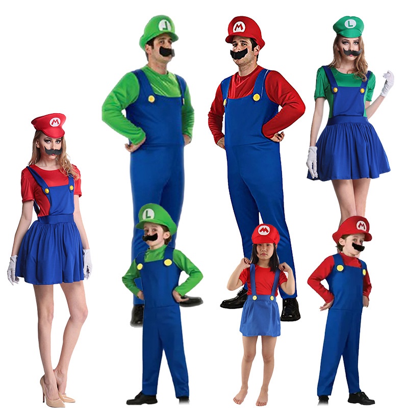 Super Mario bros Costume Adult Man Women Kids Cosplay Costume Mario and