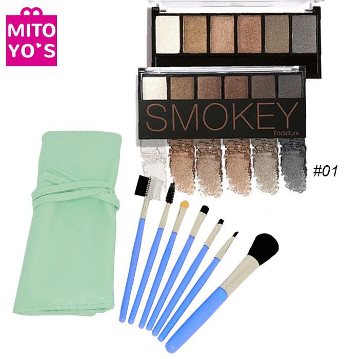 Mitoyos 7 Brush Makeup Kit Bag Set With Focallure Eyeshadow 6 Colors