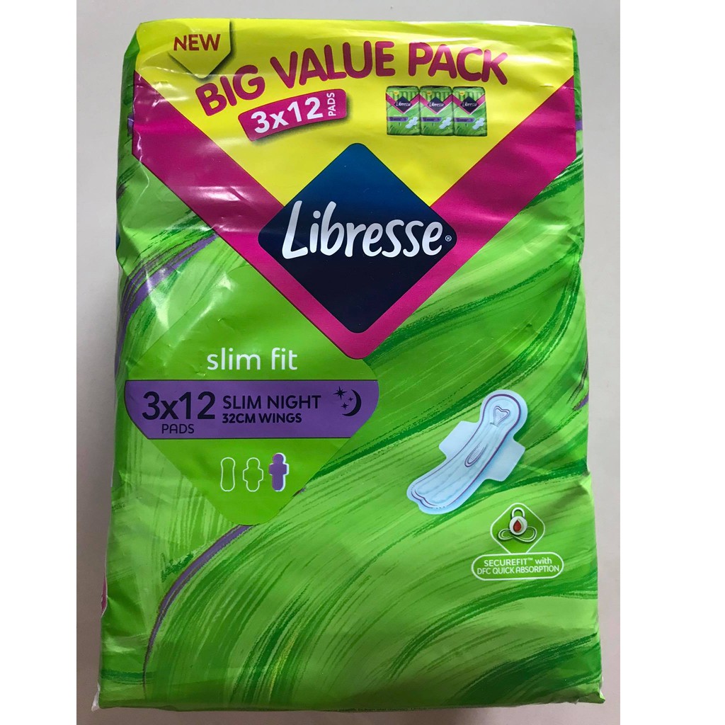Libresse Pads Slim Night Sanitary Pads 32cm (Wings) Value Pack (3x12s