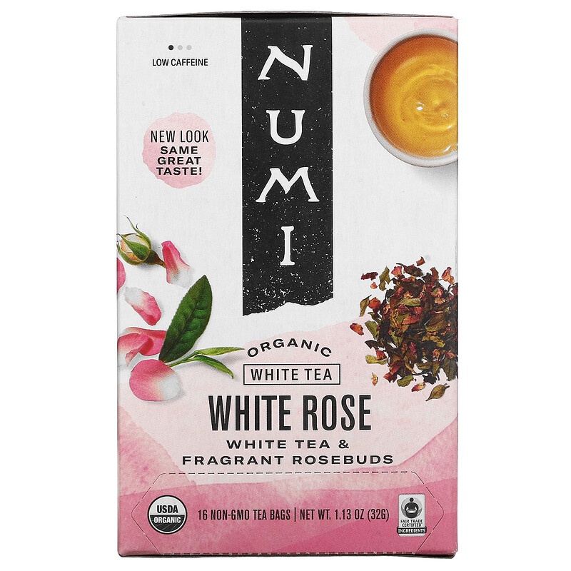 Numi Tea, Organic White Tea, White Rose, Low Caffeine, 16 Tea Bags, 32g