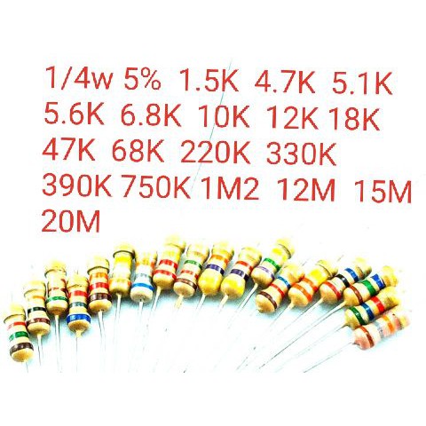 15PCS 5% 1/4W carbon film resistor 1.5k ohm 4.7k 5.1k 5.6k 6.8k 10k 12k