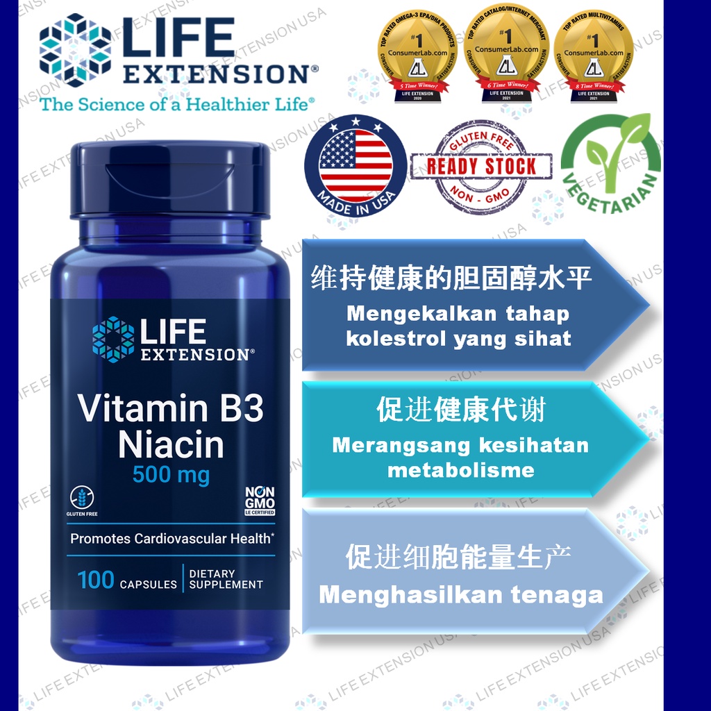 [Life Extension] Vitamin B3 Niacin, EXP08/25, 500 mg, 100 Capsules