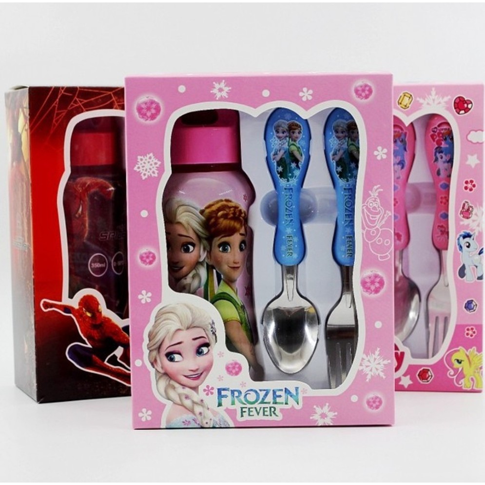 3 in 1 Kids Water Bottle Fork and Spoon Gift Set Pony Doraemon Hello
