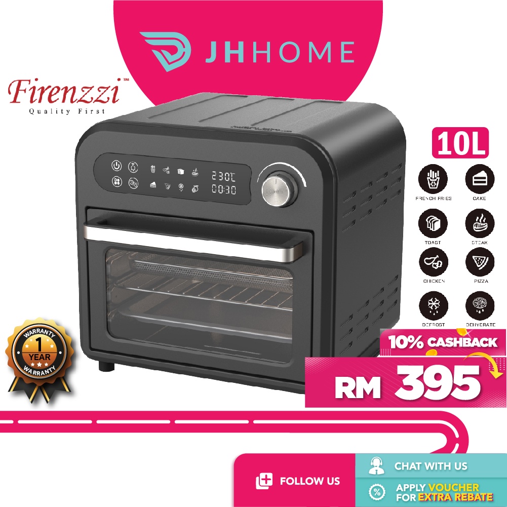 Firenzzi 10L MultiFunction Air Fryer Oven 1500W Stainless Steel with 8