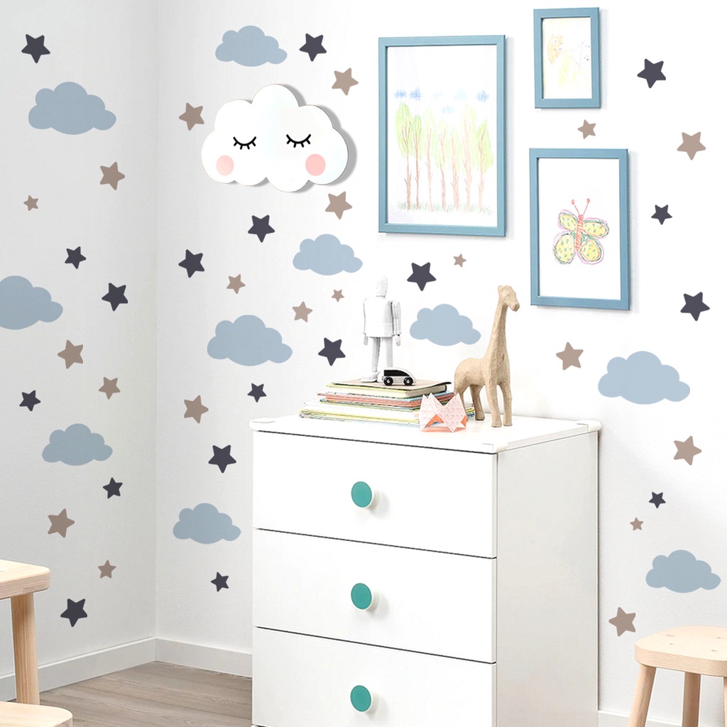 Wall Stickers Stars Clouds Wall Decor, Blue Stars Wall Decals Decorations for Living Room Kids