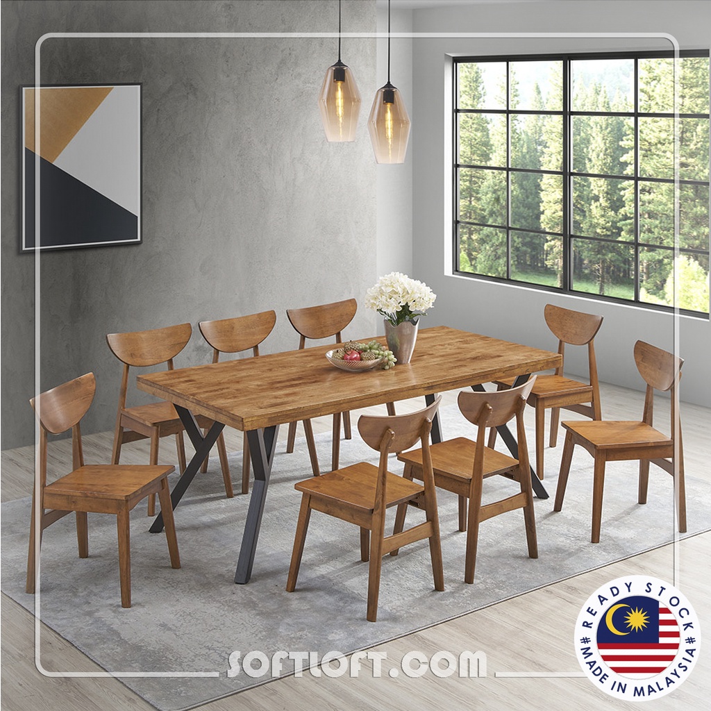 [1+8] Dining Set For 8 Eugene Table + Chair Solid Wood Stool