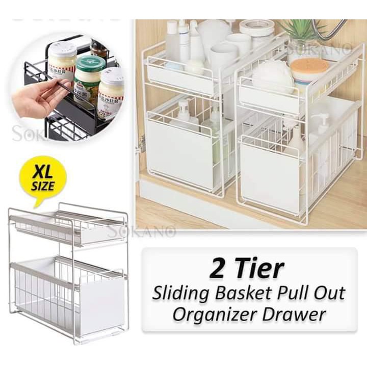 (XL Size) KR042 2 Tier Sliding Basket Pull Out Organizer Drawer