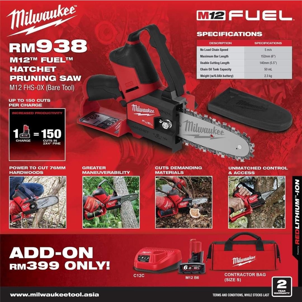MILWAUKEE M12 FUEL HATCHET PRUNING SAW M12 FHS0X (BARE TOOL) Shopee