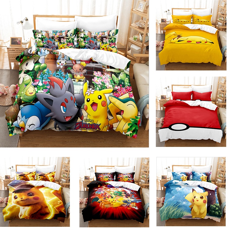 Cartoon Pikachu Bed Set Quilt Cover Cute Pokemon Kids Students Single