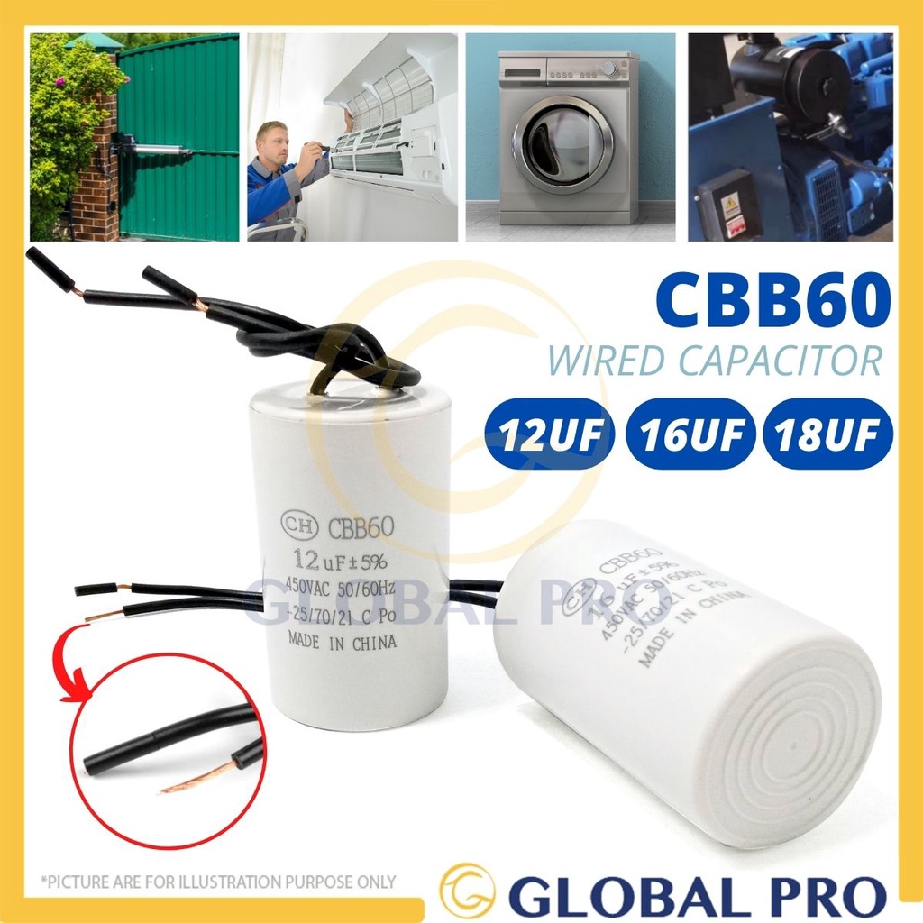 Premium Wired CBB60 12uf / 16uf / 18uf AC Sliding Gate Motor Air Conditioner Pump Washing