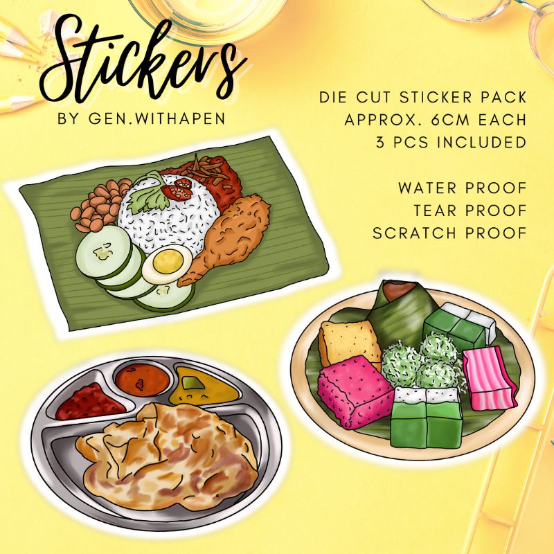 Malaysian Food Die Cut Sticker Pack (3 pcs) Nasi Lemak, Roti Canai