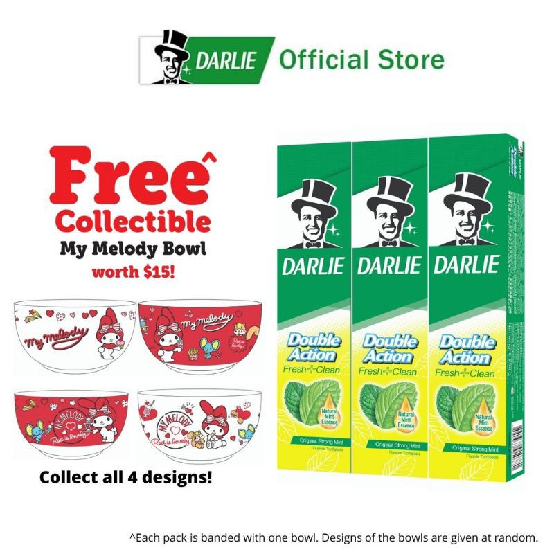 (Bundle of 3) Darlie Double Action Fluoride Toothpaste 250g with FREE Hello Kitty My Melody Bowl