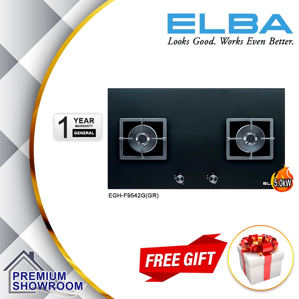 ELBA EGHF9542G(GR) 5.0kW 2 Burner Built In Glass Hob / Gas Stoves