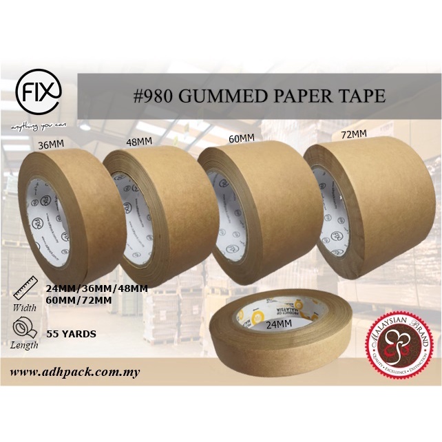 FIX 980 Gummed Paper Tape 24MM/36MM/48MM/60MM/72MM X 55YDS Shopee