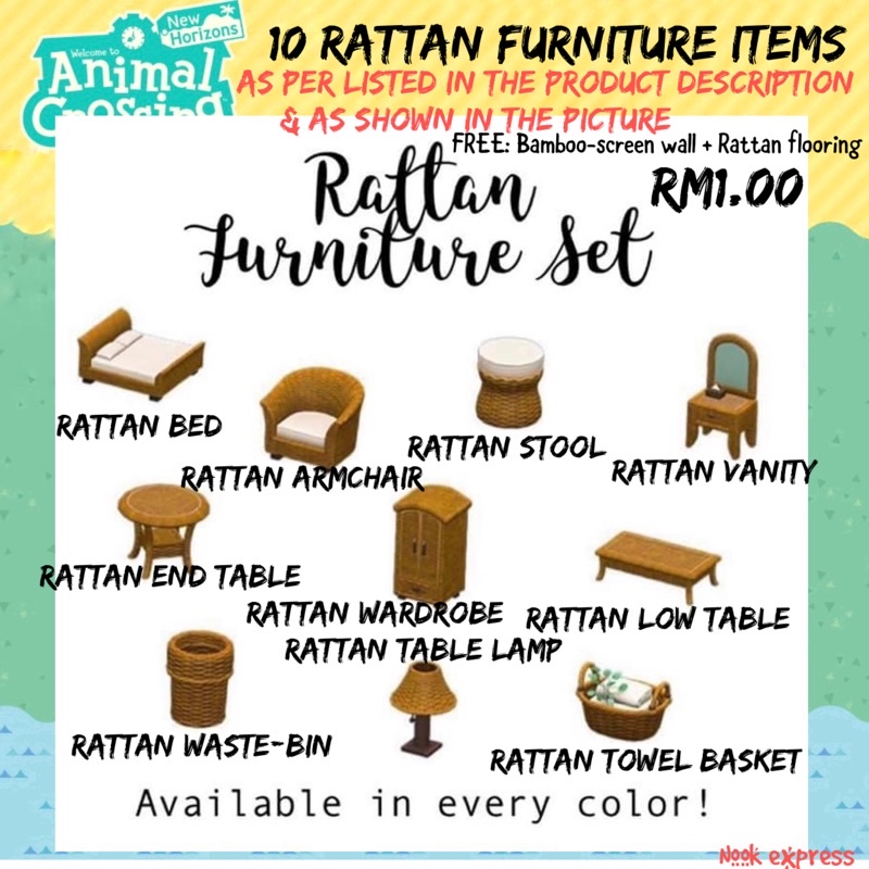 Animal Crossing [SET] Rattan Furniture set 10 items 🎁with Free Gifts