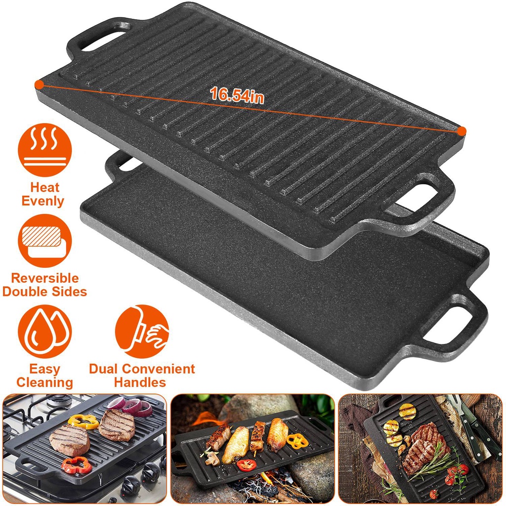 1Pack 16.54in Cast Iron Griddle Plate Reversible Grill Pan Double Sided