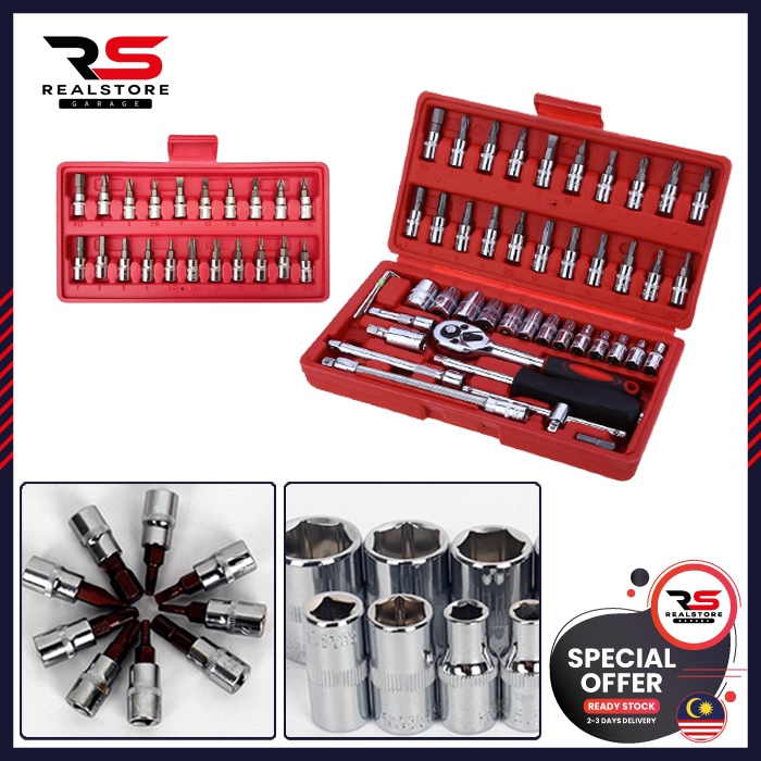 🔥[Ready Stock]🔥 46pc Chrome Vanadium Socket Set Tool Box Set Ratchet