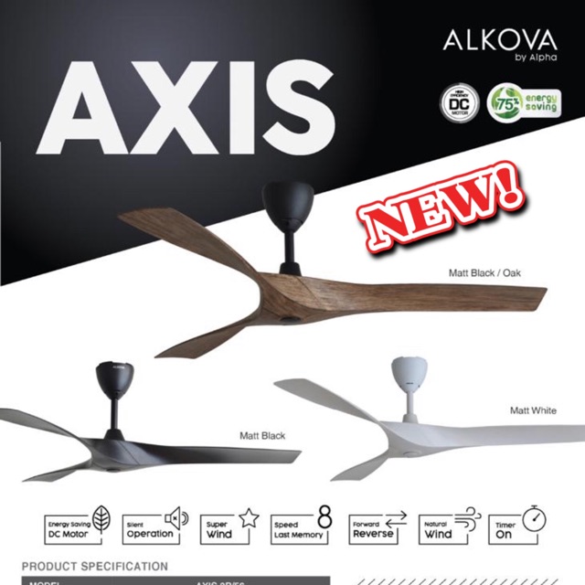 Alpha alkova-axis 56”-3B DC motor ceiling fan with 8 speed remote