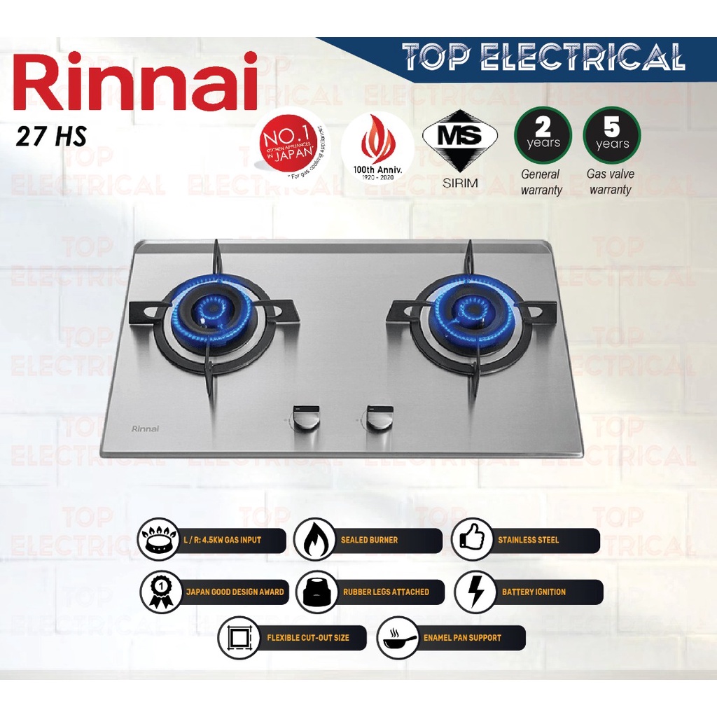 RINNAI 2 BURNER BUILTIN GAS HOB / RB27HS / DAPUR MASAK / GAS STOVE