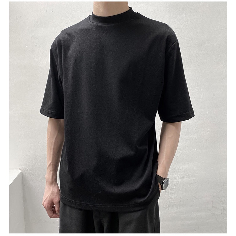 Ready Stock Summer Fashion T Shirt Men Solid Color Small High Collar