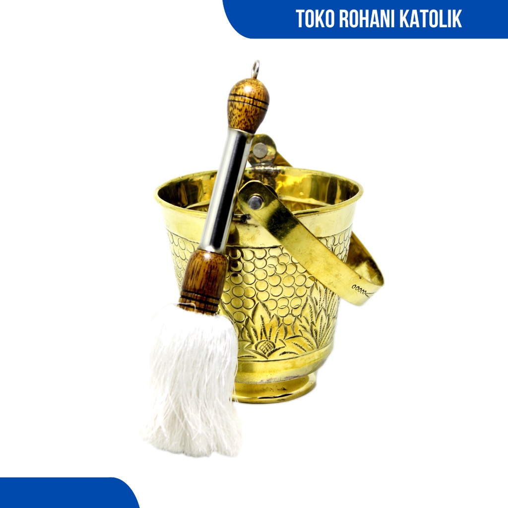 Brass HOLY WATER PLACE / MISA BUCKET + HISOP / CATHOLIC MISA EQUIPMENT