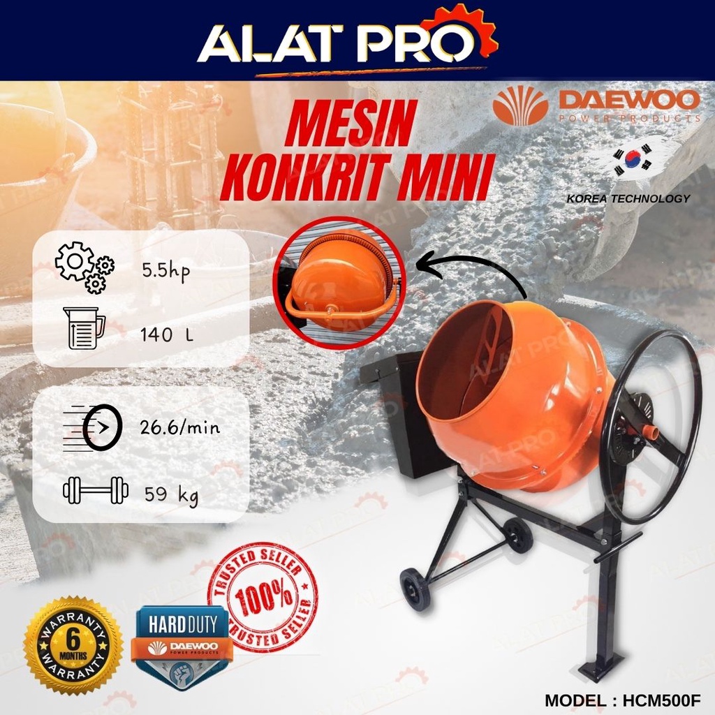 DAEWOO Mesin Konkrit Mini HCM500F 5.5HP + DACM140H 550W Electric