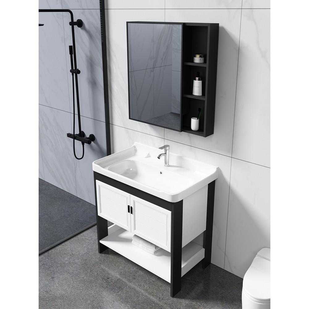 Floorstanding bathroom wash basin combination space