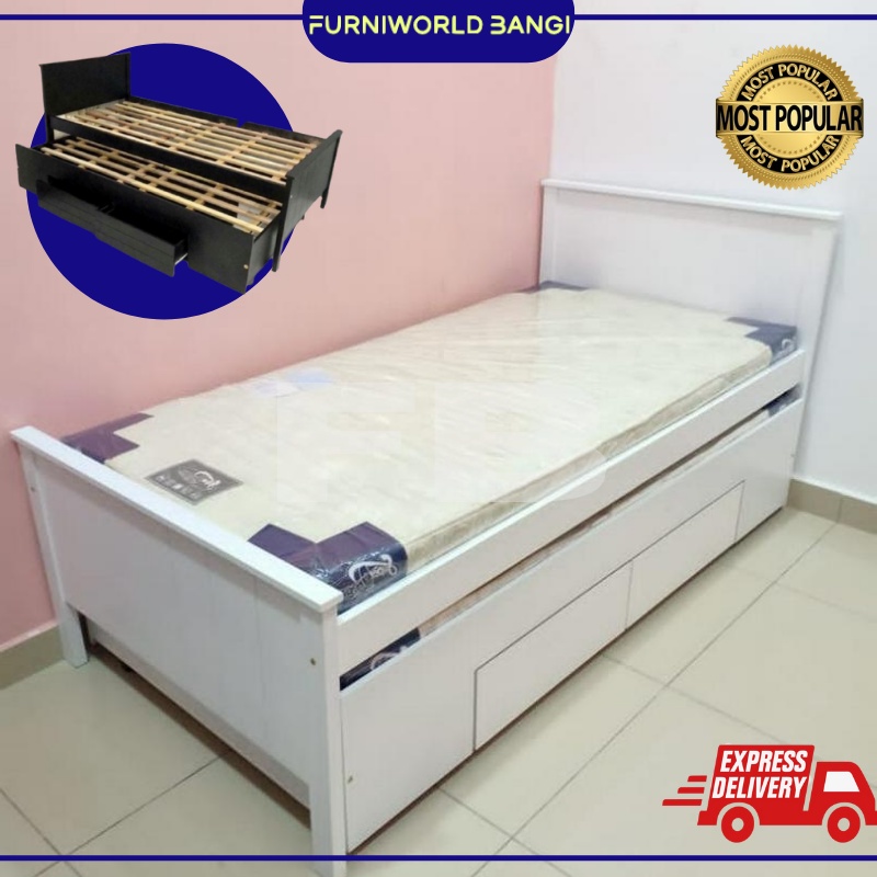 Single/ Super Single Wooden Bed with Pull Out + Drawers Katil Single