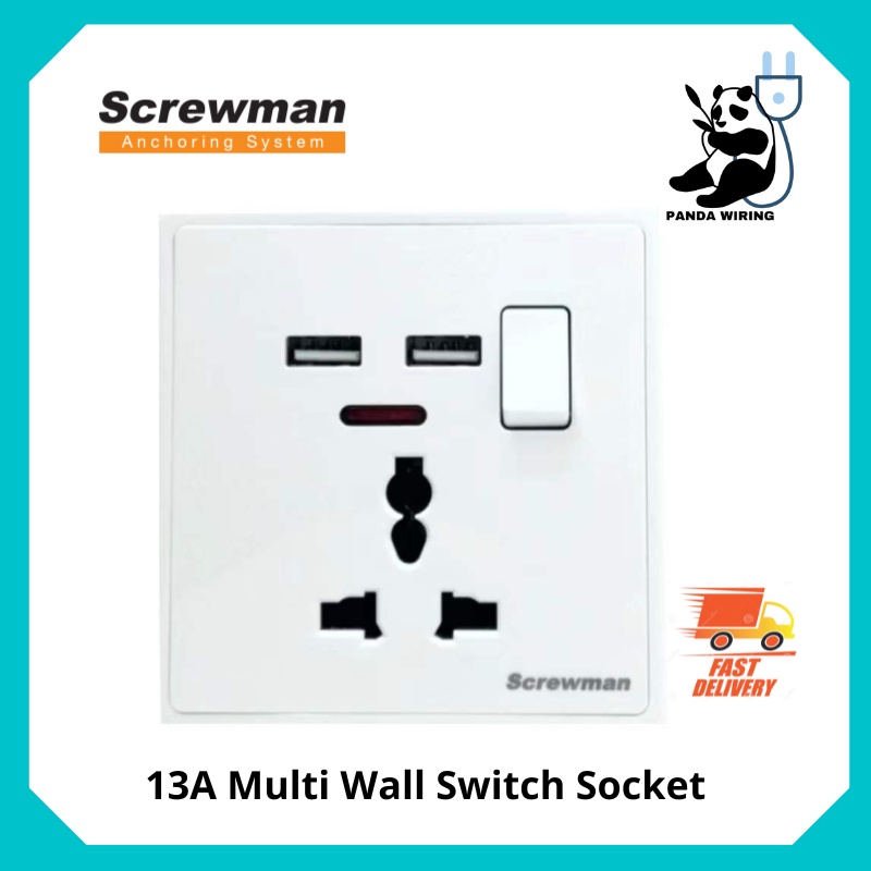 Screwman 13A multi wall switch socket with double 2.1A USB Shopee