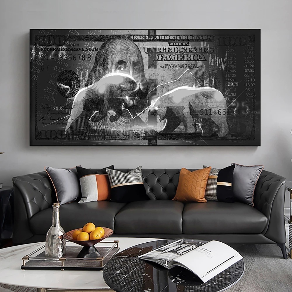Frameless Wall Street Charging Bull Bear Canvas Paintings Money Poster