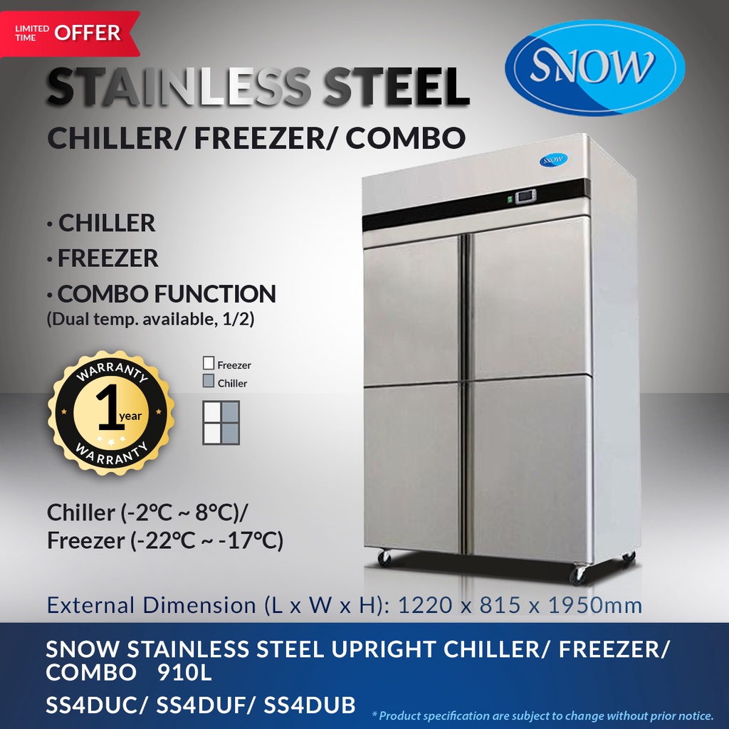 SNOW STAINLESS STEEL UPRIGHT 4 DOOR CHILLER/ FREEZER/ COMBO 910L (1