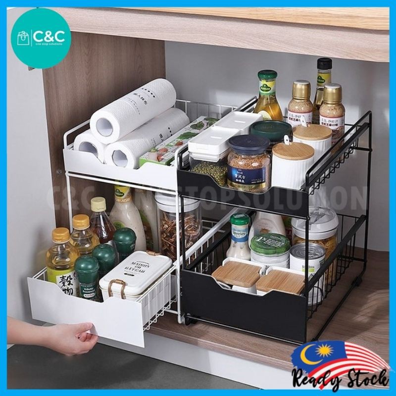 2 Tier Space Saving Kitchen Top Storage Rack With Pull Out Drawer Design Sliding Basket