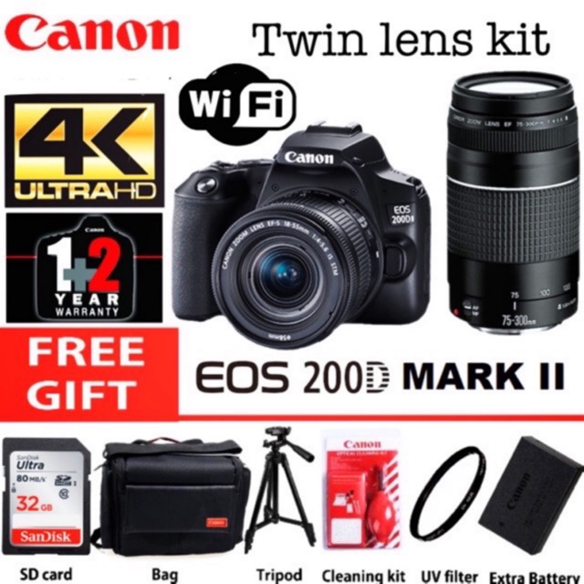 Canon eos 200d Mark ii 75300mm + 1855mm is stm twin lens kit 3 years