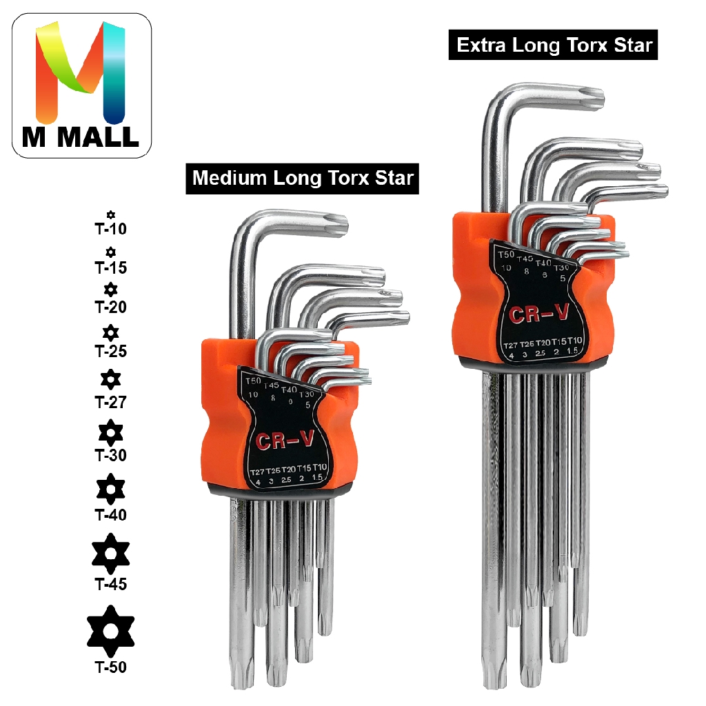 Torx Star Allen Key Set 9pcs ChromeVanadium Steel (Extra Long / Medium