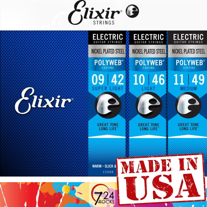 Elixir Polyweb Nickel Plated Steel Electric Guitar Strings Set . 12000 . 12025 . 12050 . 12100