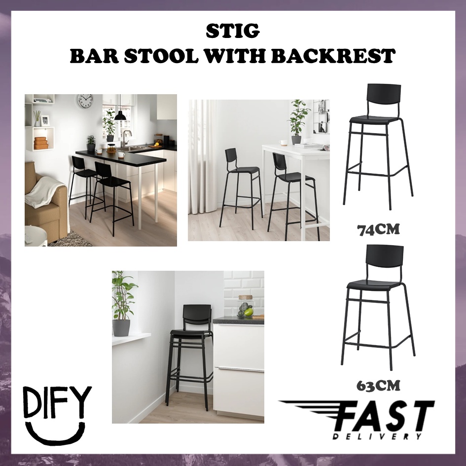 0009 IKEA STIG Stig Bar stool with backrest, black 63cm 74cm Bangku Bar