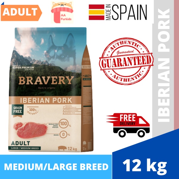 BRAVERY IBERIAN PORK GRAIN FREE ADULT LARGE/MEDIUM BREEDS DOG FOOD 12KG