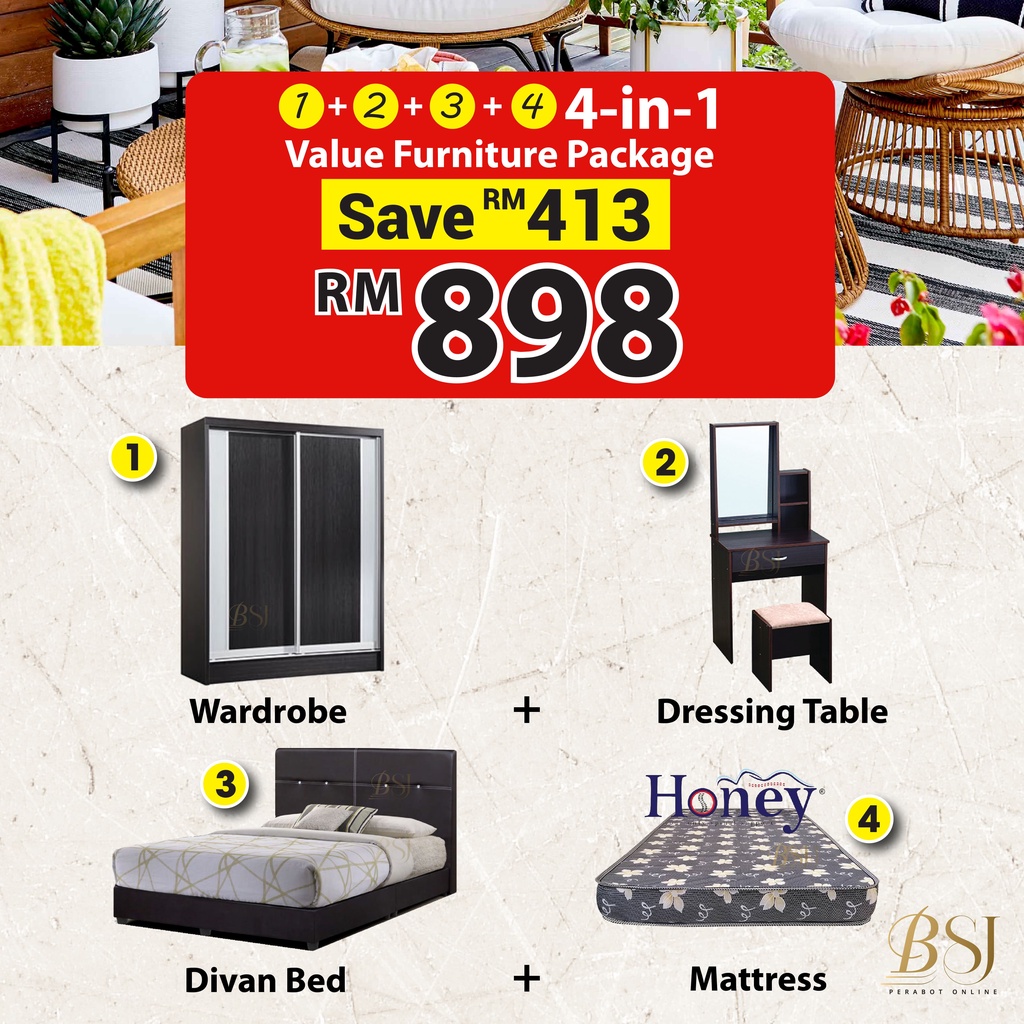 BSJ【 𝟒𝐢𝐧𝟏 𝐂𝐎𝐌𝐁𝐎 𝐒𝐄𝐓】Packej Furnitures Divan Bed Wardrobe Mattress