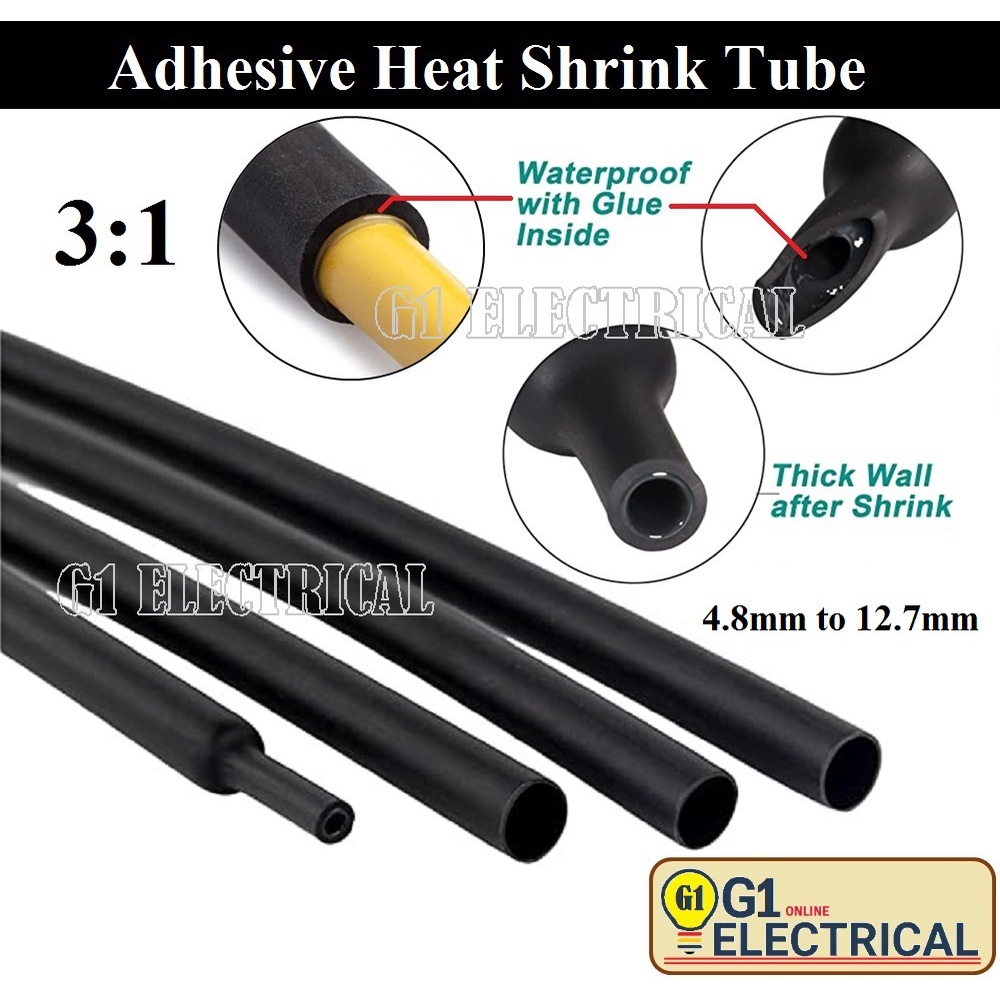 Black Dual Wall Adhesive Heat Shrink Tubing, 31 Shrink Ratio, Glue