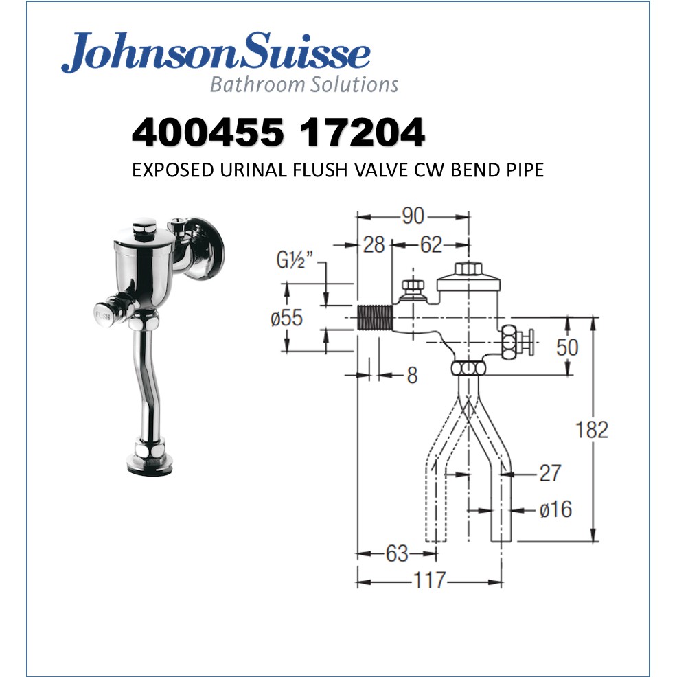 Johnson Suisse 400455 17204 Exposed Urinal Flush Valve cw Bend Pipe