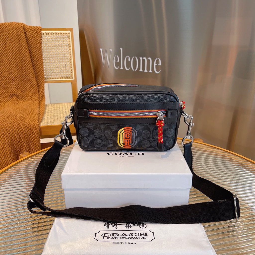 Spot goods coach sling bag men leather Cross Body Bags Double Zipper