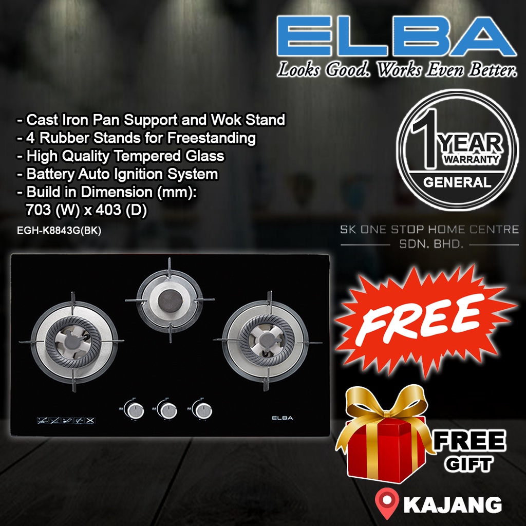 (AUTHORISED DEALER) Elba EGHK8843G(BK) 3 Burner Built in Hob / Gas