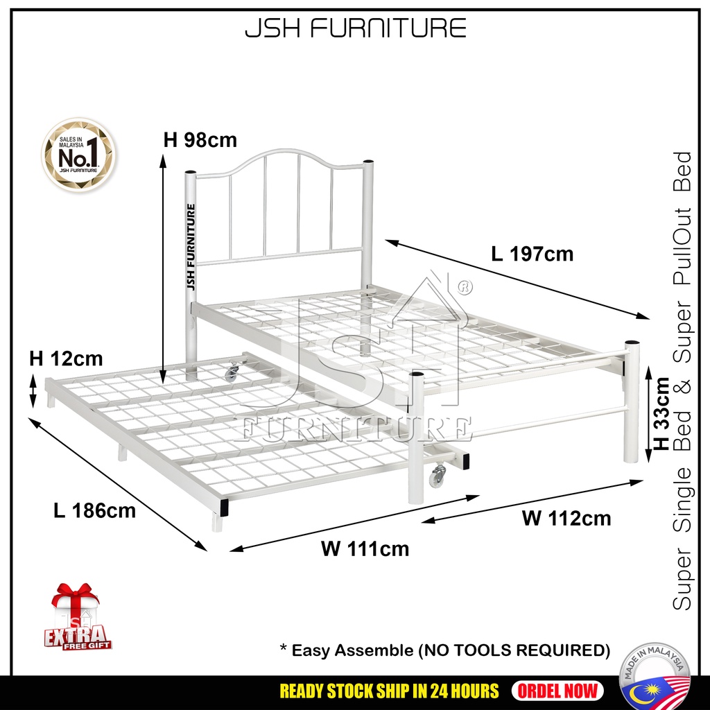 Super Single Metal Bed Frame With Pull Out Bed Frame JSH S32 Katil