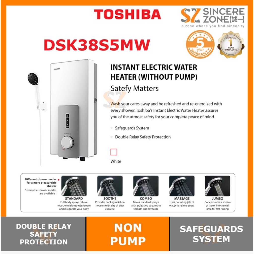 Toshiba DSK38S5MW Instant Electric Water Heater (Without Pump) Shopee