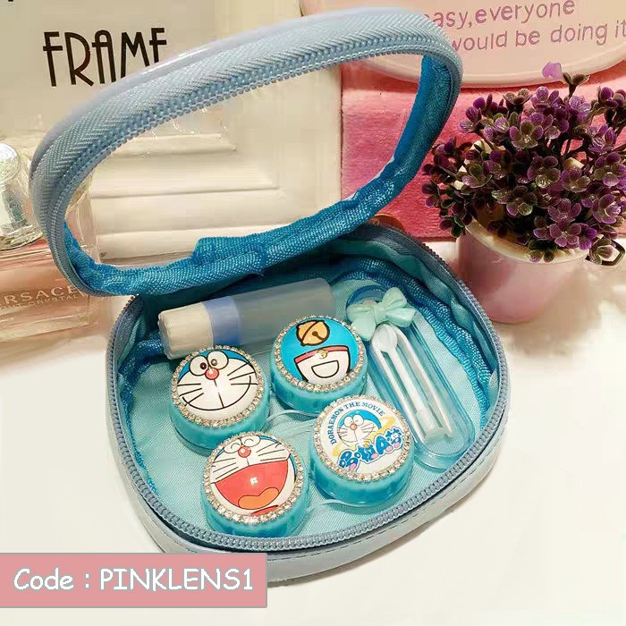 🎀Sky blue makeup bag with Doraemon diamond lens cases set🎀 Shopee