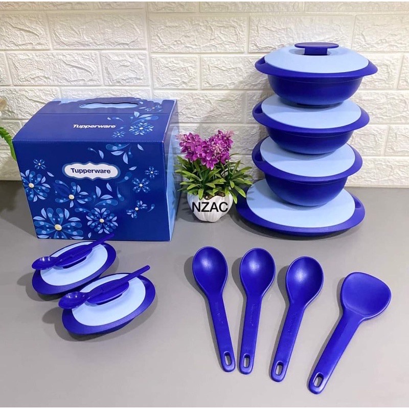 Tupperware Royale Blue Petit Serveware Set with Gift Box/ Serving Bowl/ serving platter 600ml
