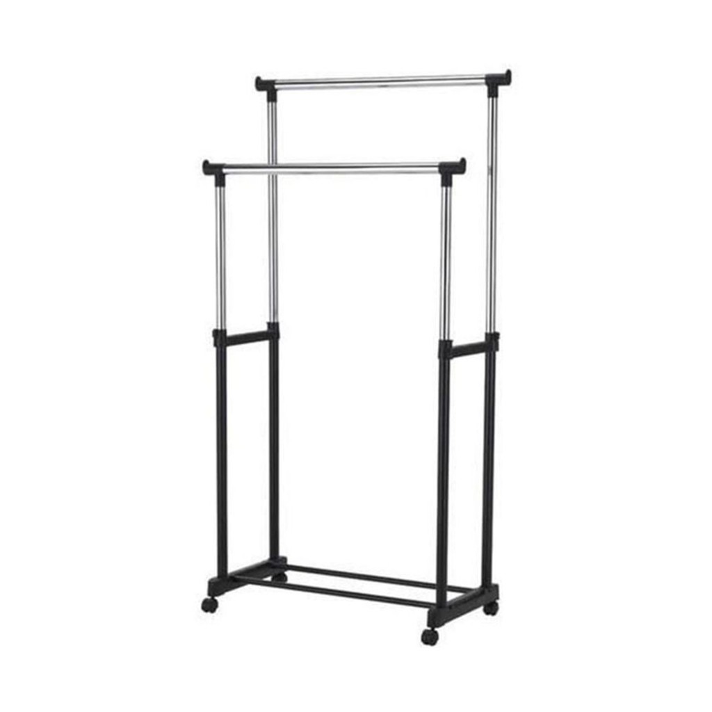 Adjustable Double Pole Telescopic Clothes Rack With Wheels Portable