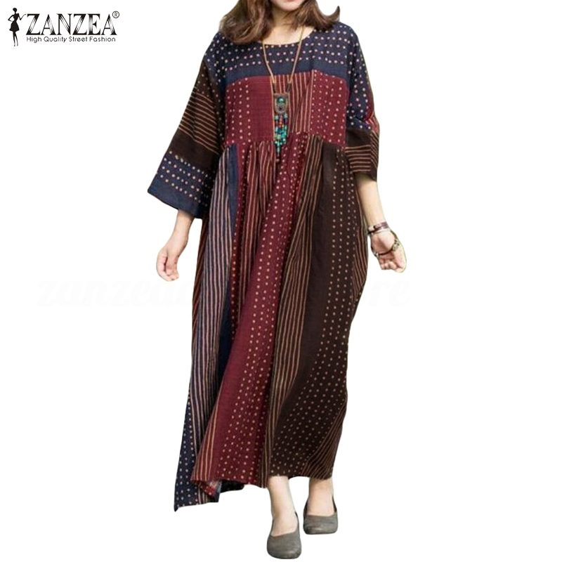 ZANZEA Women Batwing Sleeve Stripe Polka Dot Plus Size Maxi Dress