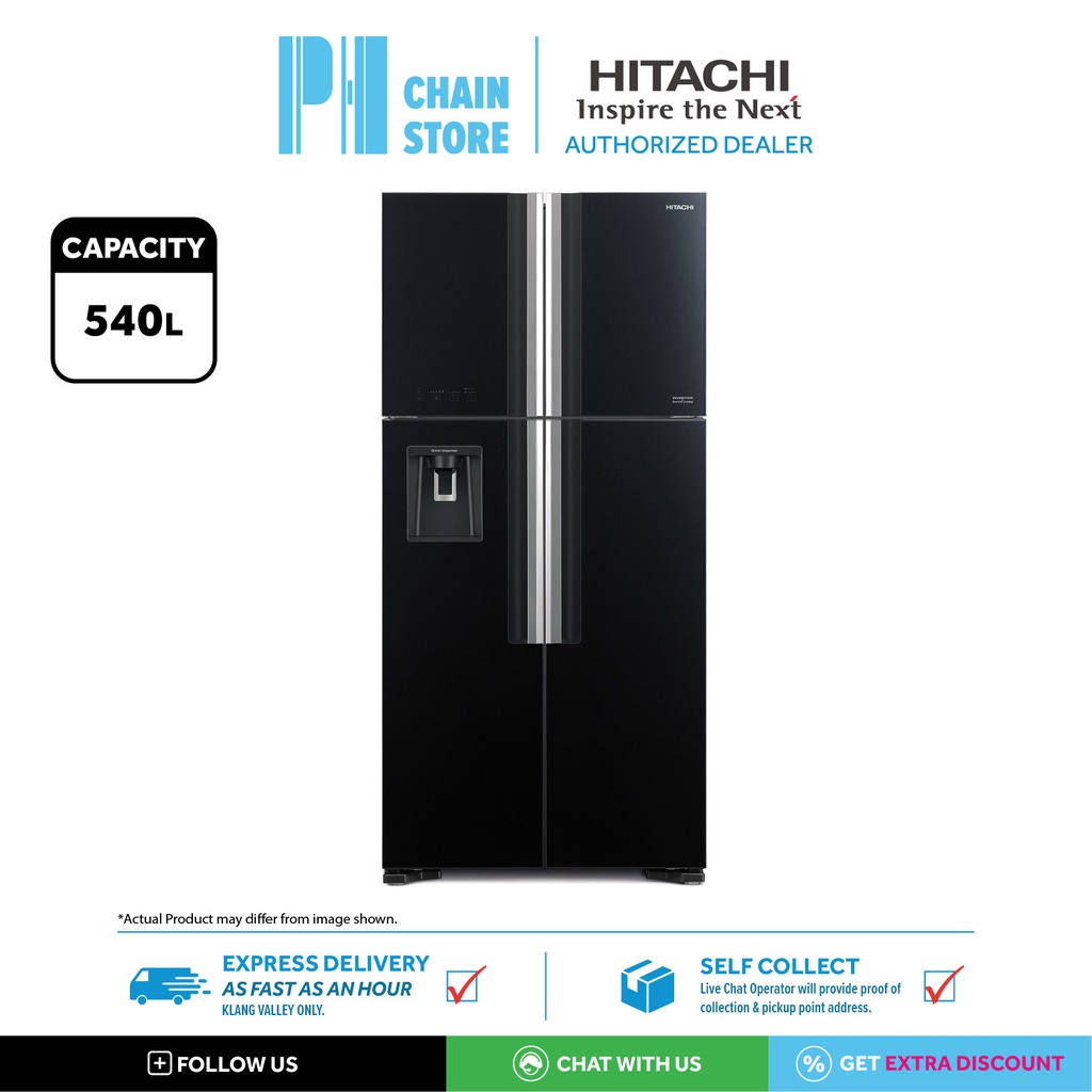 (DELIVERY FOR KL & SGR ONLY) HITACHI RW720P7M GBK 586L 4 GLASS DOORS INVERTER FRIDGE