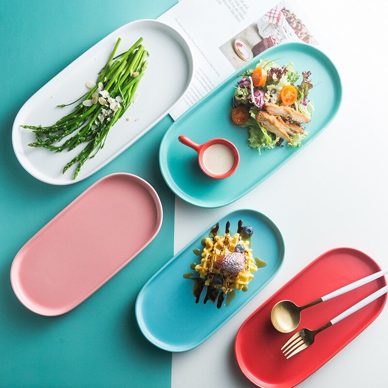 European Solid Color Oval Ceramic Dinner Plate Household Salad Fruit